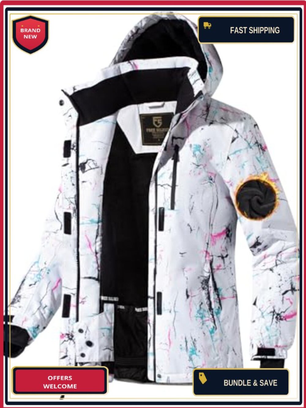 Waterproof Ski Jacket Fleece Lined Warm Winter Snow Coat with Hood